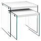 HomeRoots 35.5" Glossy White Particle Board and Clear Glass Nesting Table in Set of 2