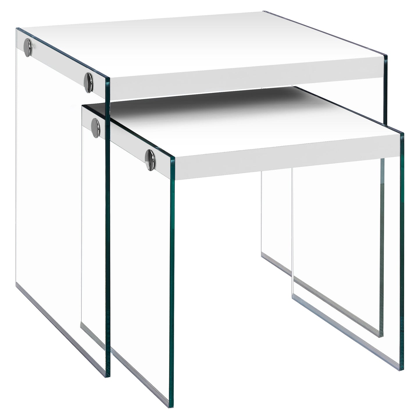 HomeRoots 35.5" Glossy White Particle Board and Clear Glass Nesting Table in Set of 2