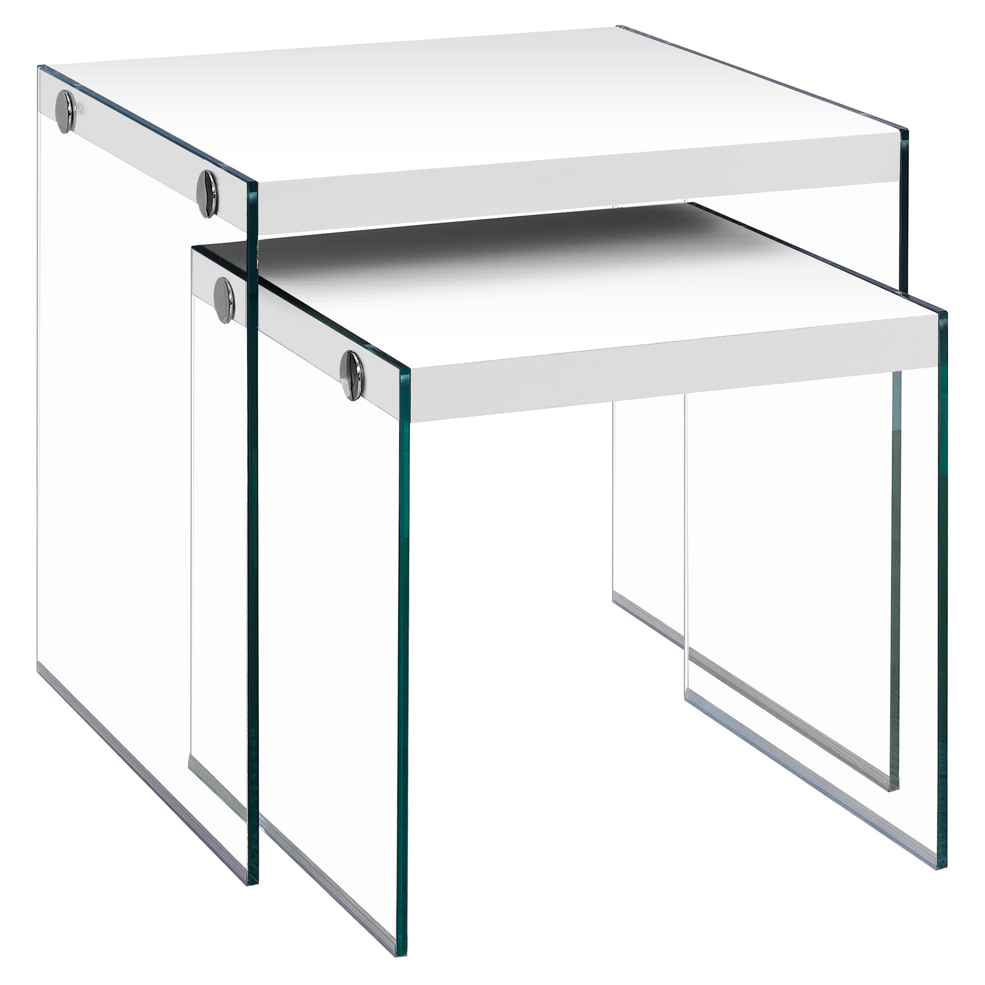 HomeRoots 35.5" Glossy White Particle Board and Clear Glass Nesting Table in Set of 2