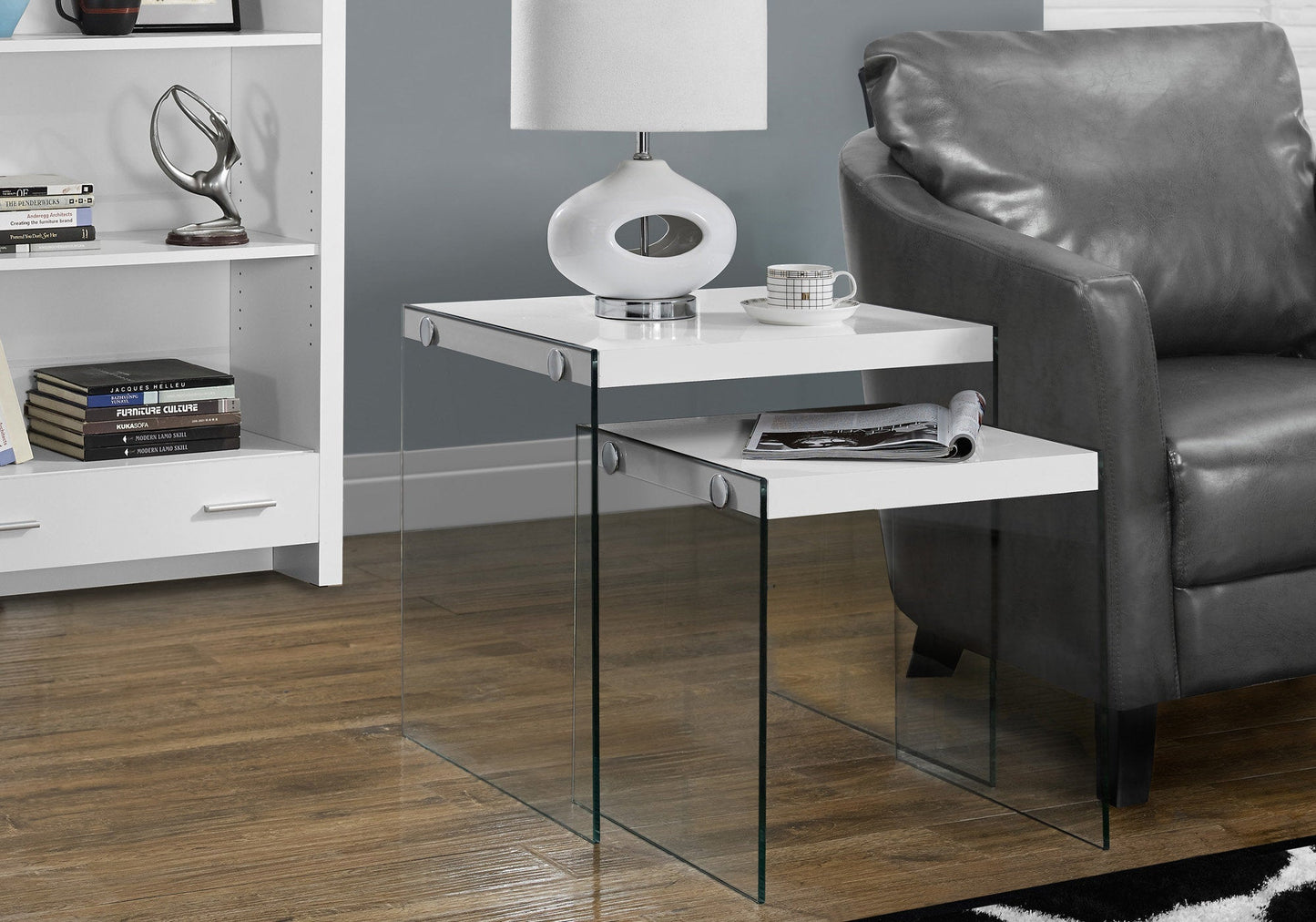 HomeRoots 35.5" Glossy White Particle Board and Clear Glass Nesting Table in Set of 2