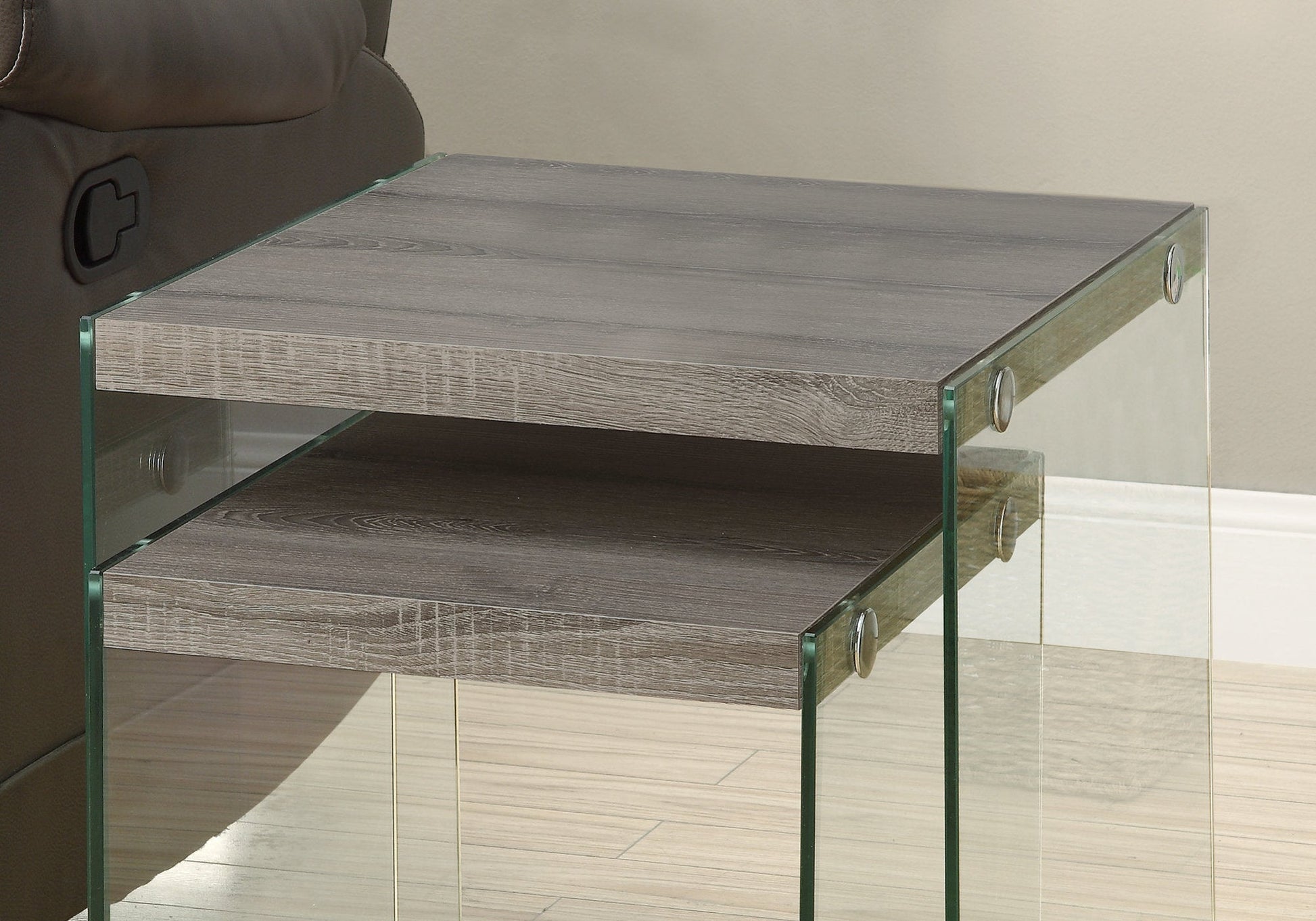 HomeRoots 35.5" x 35.5" x 35.5" Dark Taupe Clear Particle Board Tempered Glass Nesting Table in Set of 2