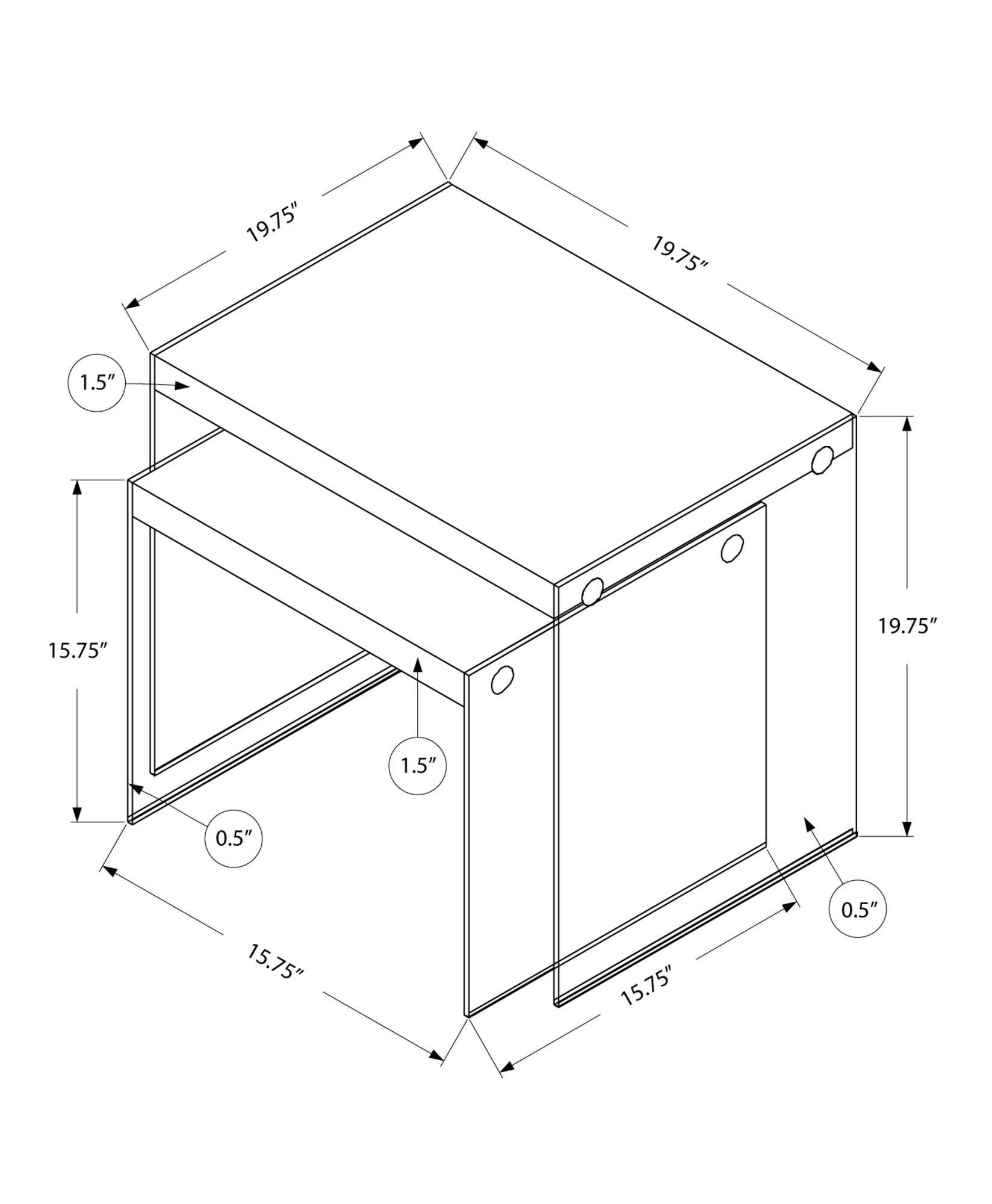 HomeRoots 35.5" x 35.5" x 35.5" Dark Taupe Clear Particle Board Tempered Glass Nesting Table in Set of 2