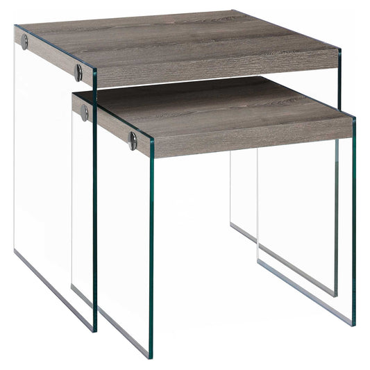 HomeRoots 35.5" x 35.5" x 35.5" Dark Taupe Clear Particle Board Tempered Glass Nesting Table in Set of 2