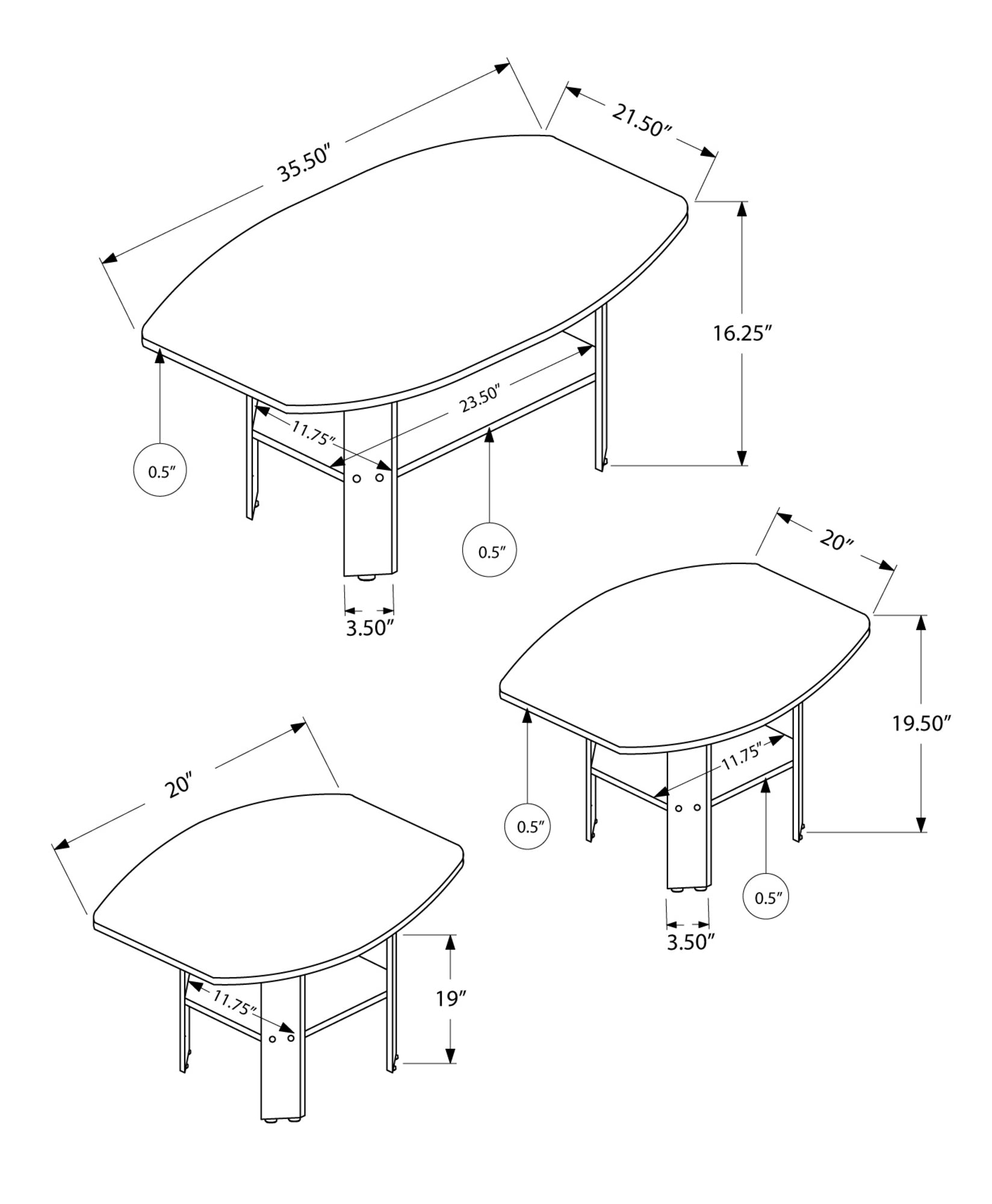 HomeRoots 36" Brown Coffee Table With Shelf in Set of Three