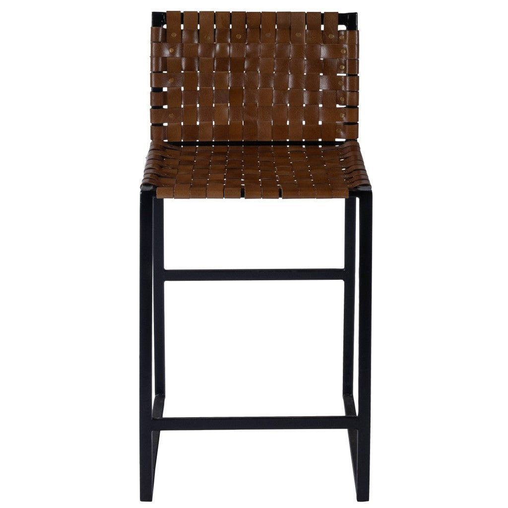 HomeRoots 36" Leather Bar Chair With Footrest in Brown and Black Finish