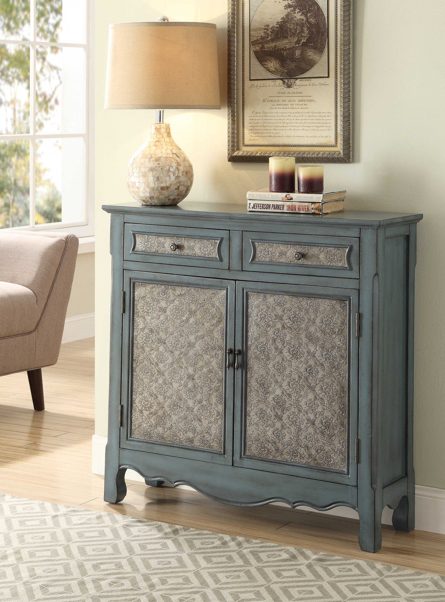 HomeRoots 36" x 11" x 35" Wooden Console Table in Antique Blue Finish