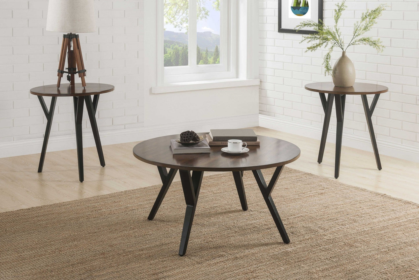 HomeRoots 36" x 36" x 18" 3-Piece Coffee And End Table Set With Oak And Black Finish
