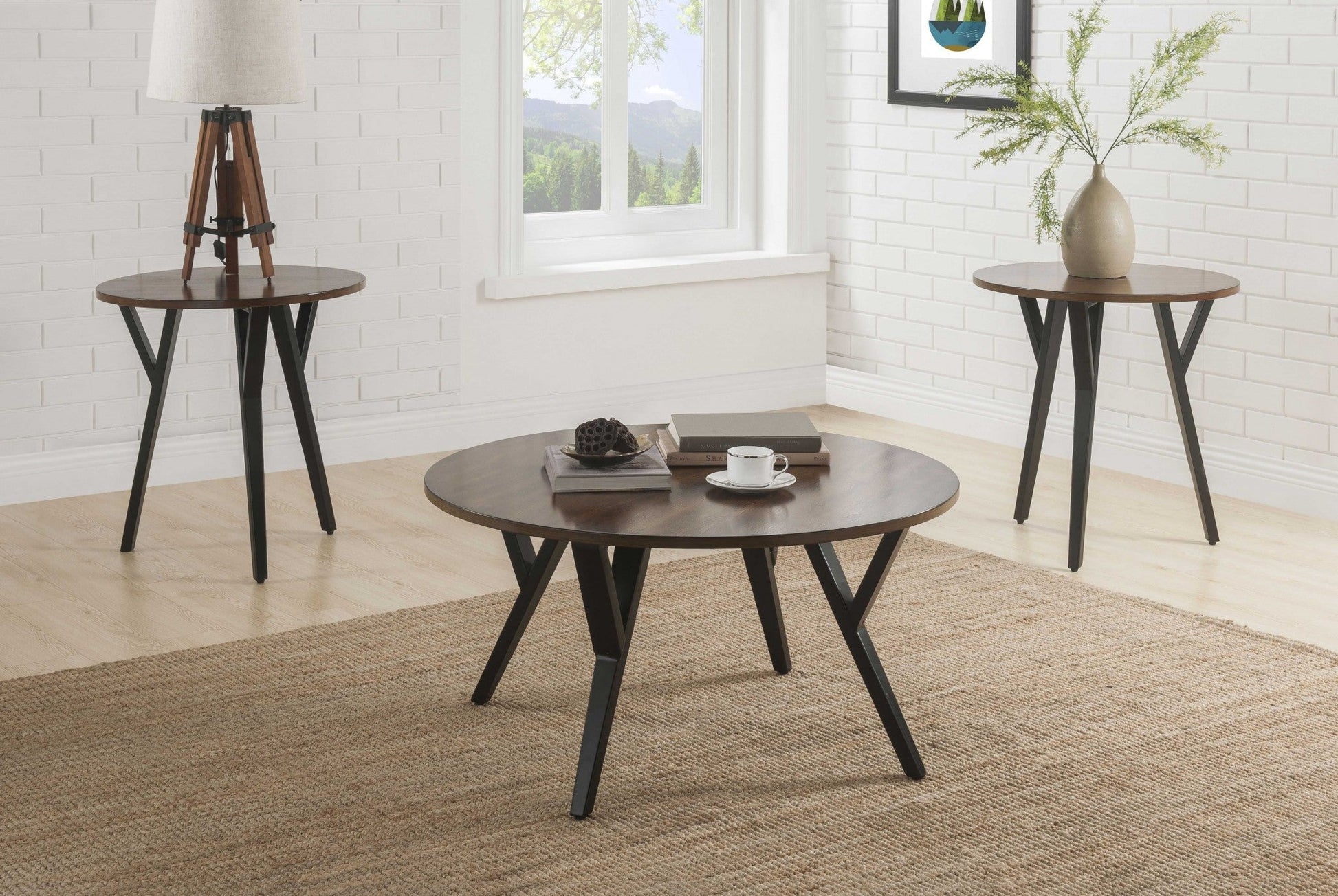 HomeRoots 36" x 36" x 18" 3-Piece Coffee And End Table Set With Oak And Black Finish