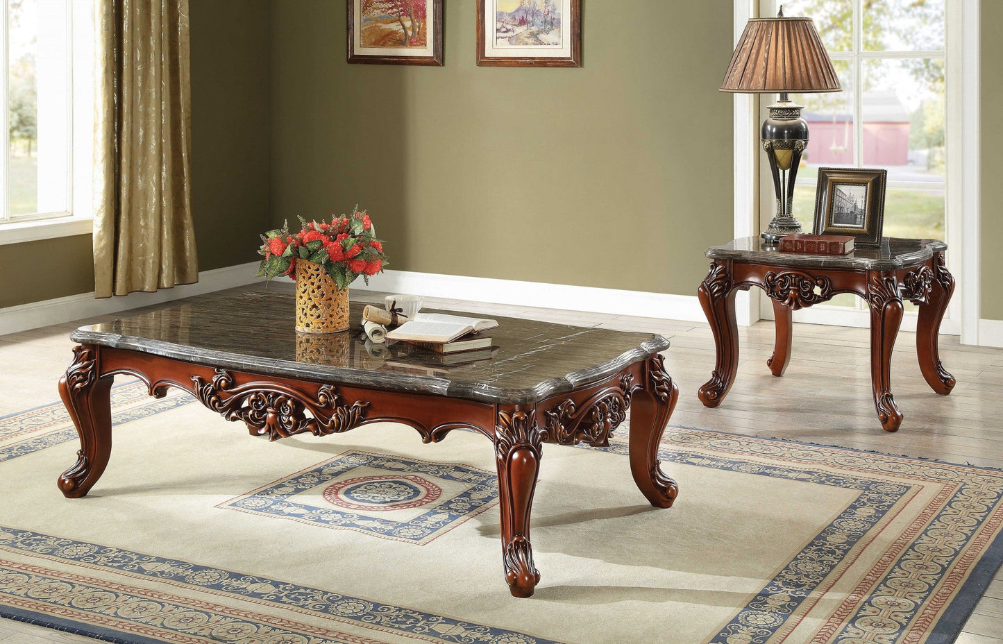 HomeRoots 36' x 63' x 20' Marble Walnut Wood Coffee Table