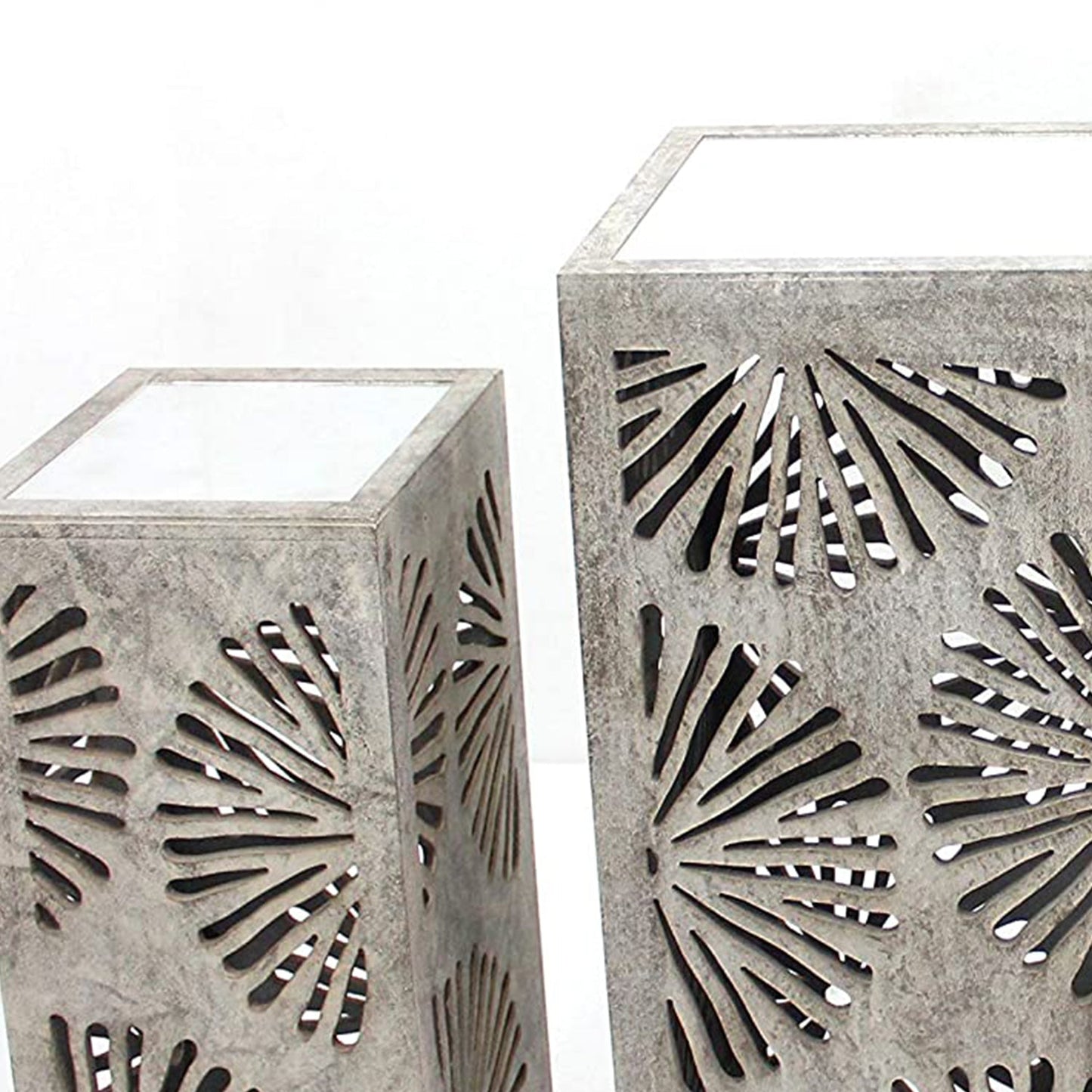HomeRoots 37" Gray Industrial Floral Mirrored Nesting Table in 3 Piece Set