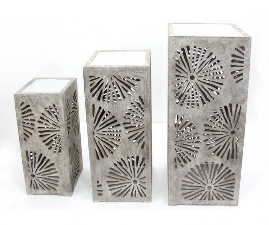 HomeRoots 37" Gray Industrial Floral Mirrored Nesting Table in 3 Piece Set