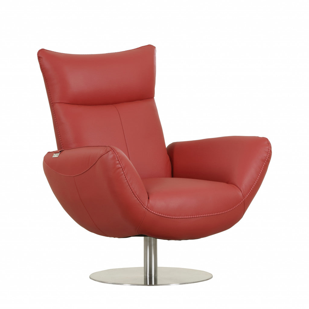 HomeRoots 37" Red Genuine Leather Swivel Lounge Chair With Silver Base Finish