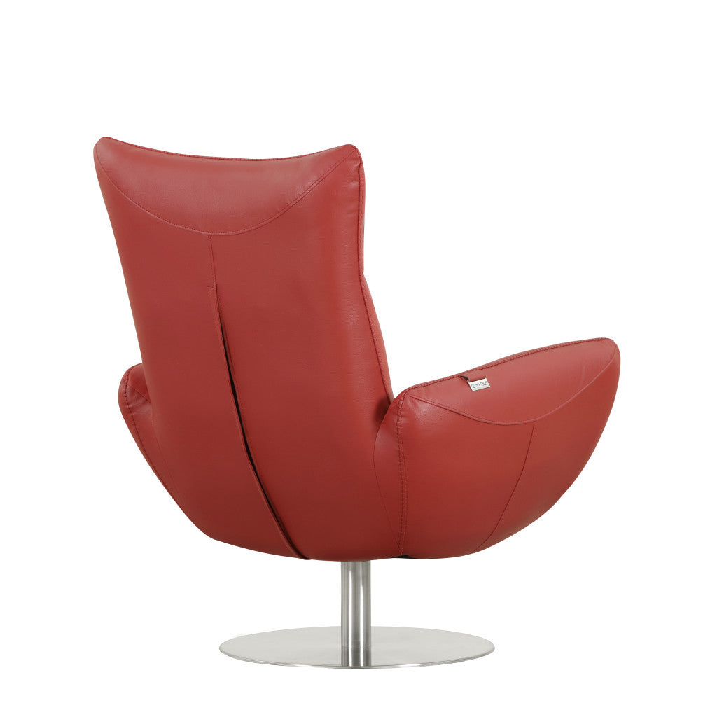 HomeRoots 37" Red Genuine Leather Swivel Lounge Chair With Silver Base Finish