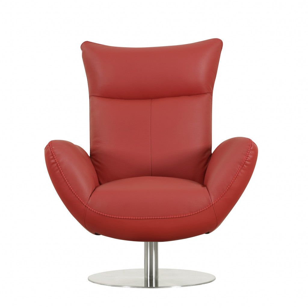 HomeRoots 37" Red Genuine Leather Swivel Lounge Chair With Silver Base Finish