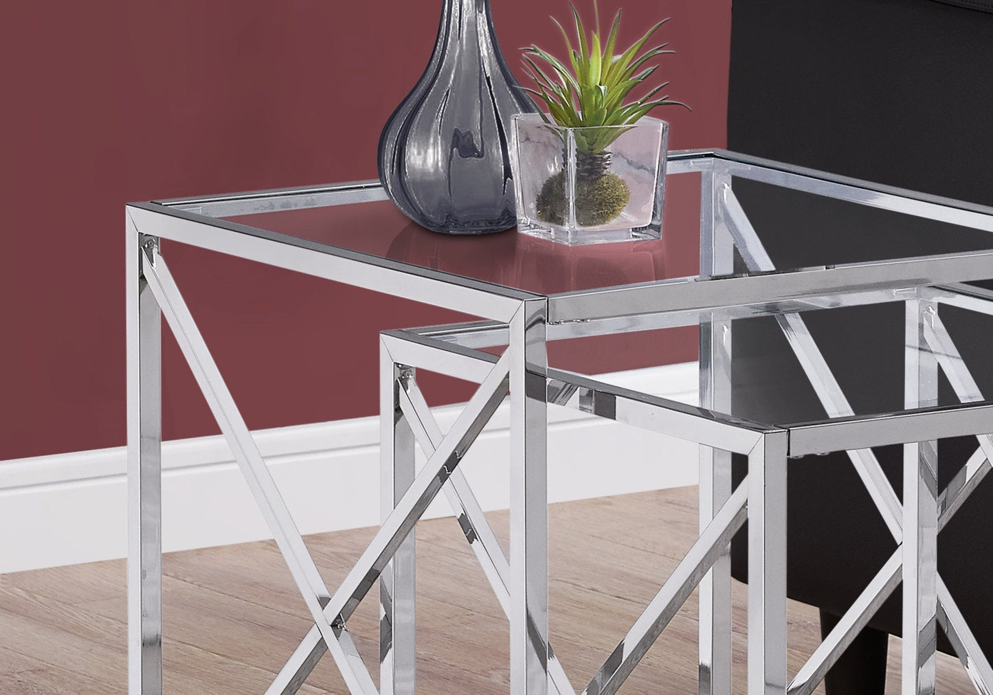 HomeRoots 38" Chrome Metal and Tempered Glass Nesting Table in Set of 2