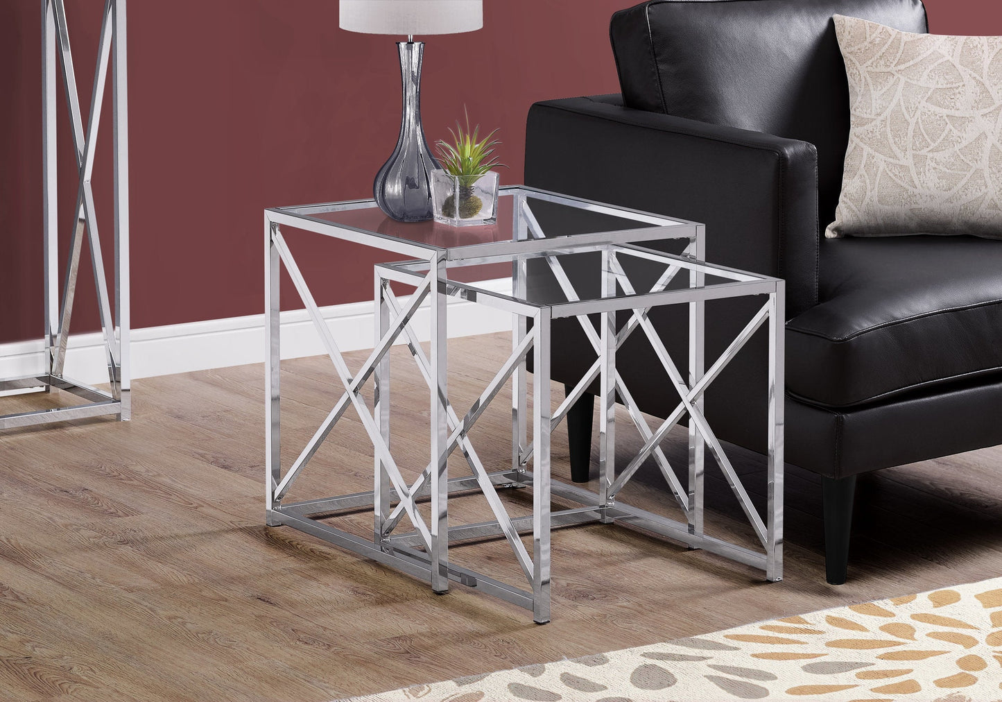 HomeRoots 38" Chrome Metal and Tempered Glass Nesting Table in Set of 2