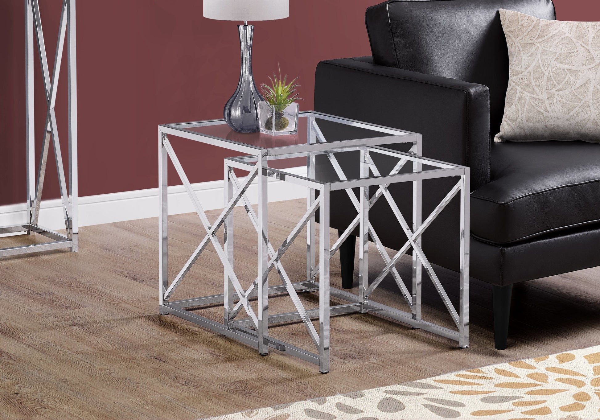 HomeRoots 38" Chrome Metal and Tempered Glass Nesting Table in Set of 2