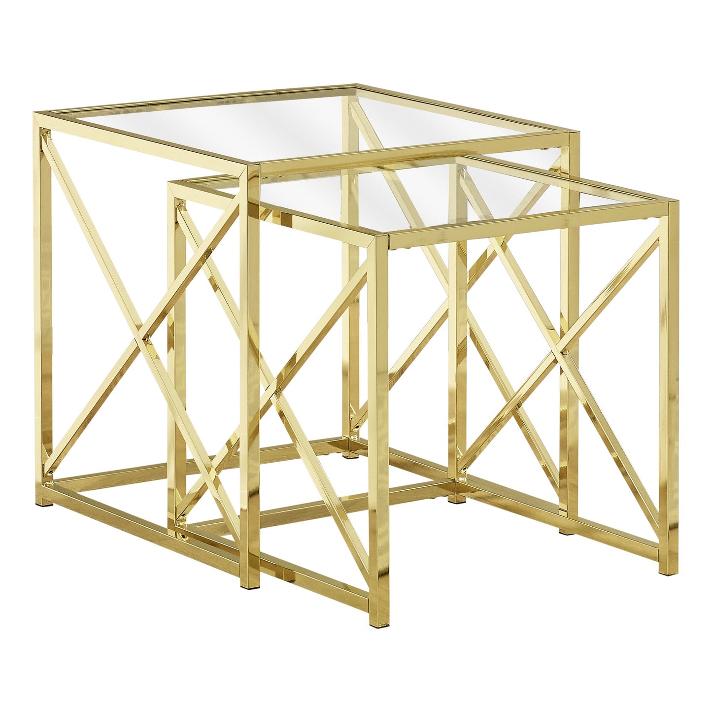 HomeRoots 38" Gold Metal and Tempered Glass Nesting Table in Set of 2