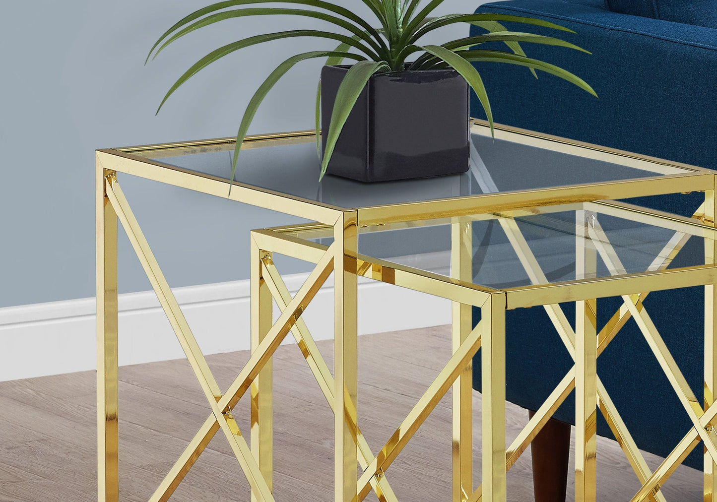HomeRoots 38" Gold Metal and Tempered Glass Nesting Table in Set of 2