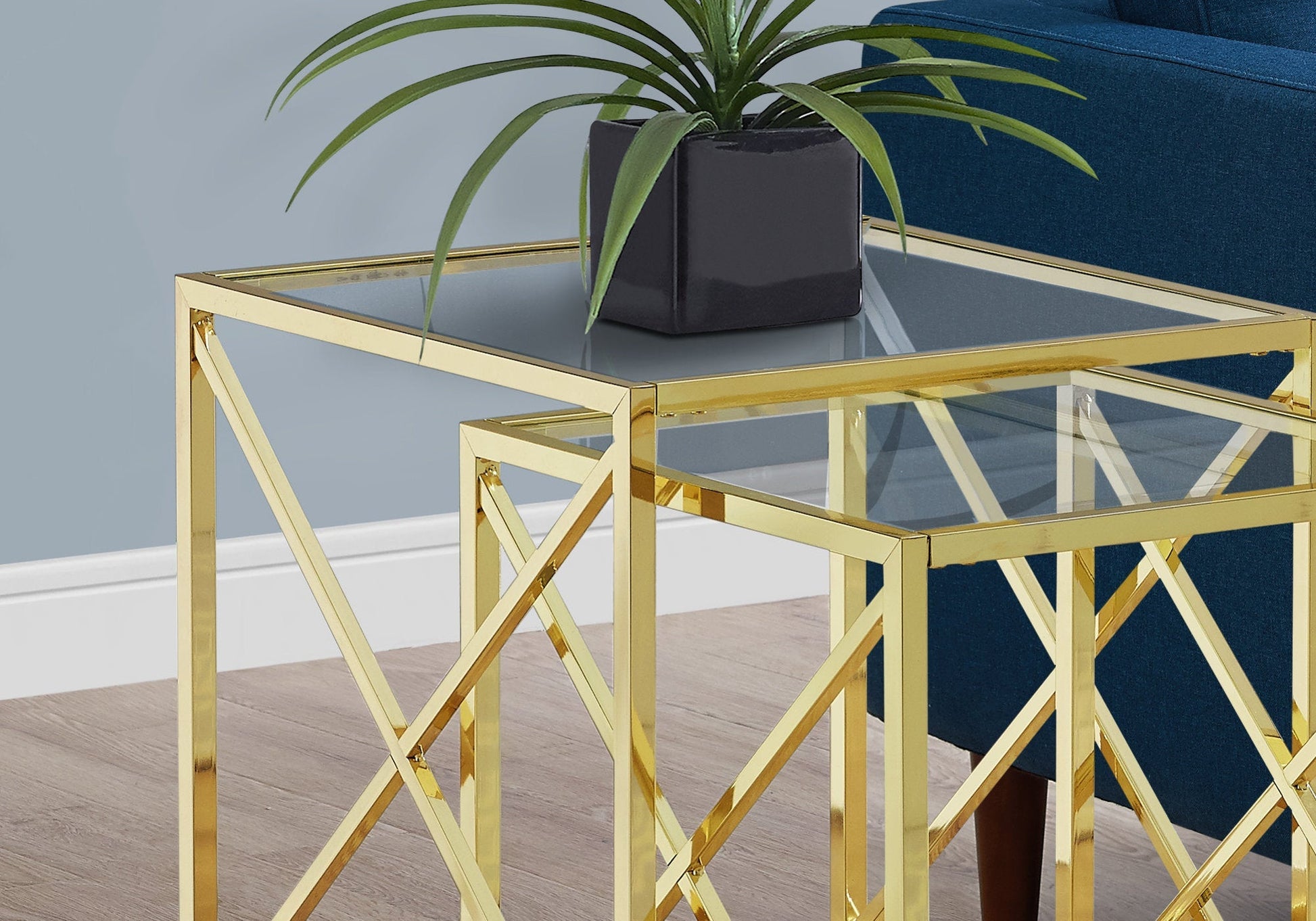 HomeRoots 38" Gold Metal and Tempered Glass Nesting Table in Set of 2