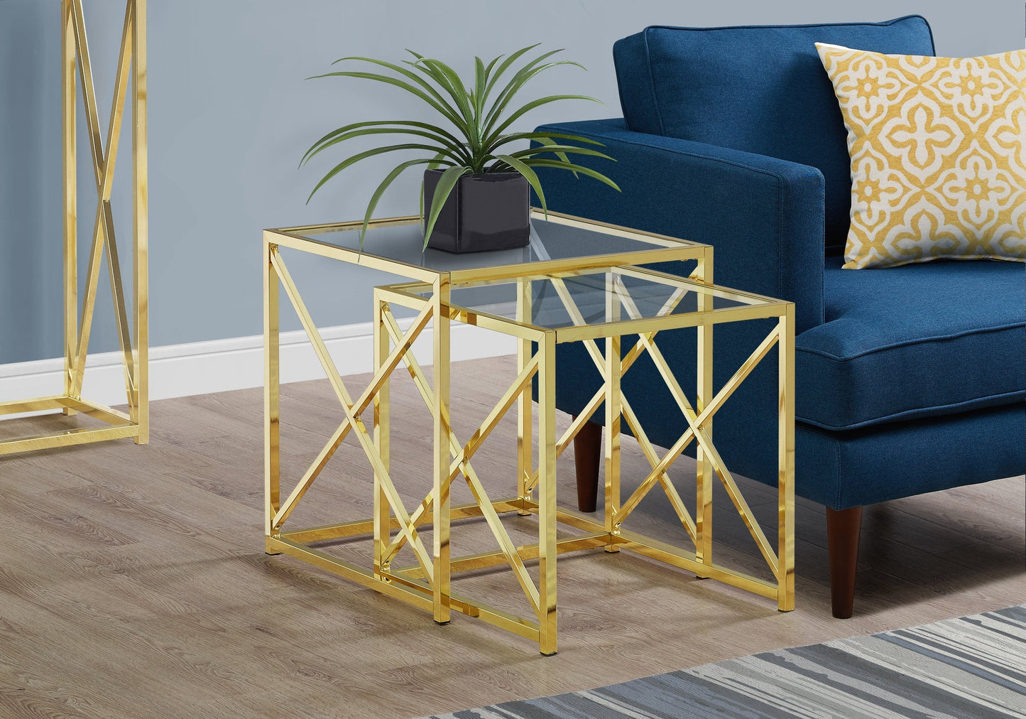 HomeRoots 38" Gold Metal and Tempered Glass Nesting Table in Set of 2