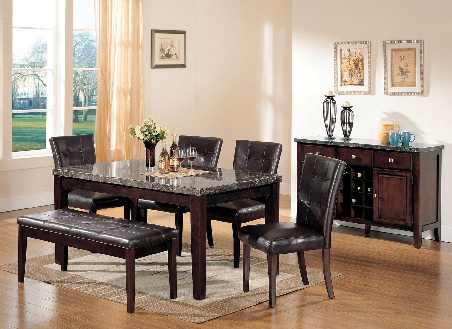HomeRoots 38' x 64' x 31' Black Marble Walnut Wood Dining Table