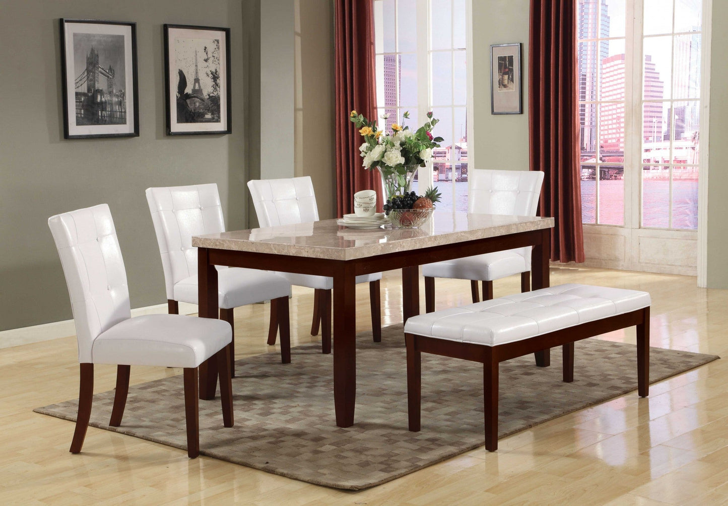 HomeRoots 38" x 64" x 31" Wood Dining Table in White Marble and Walnut Finish