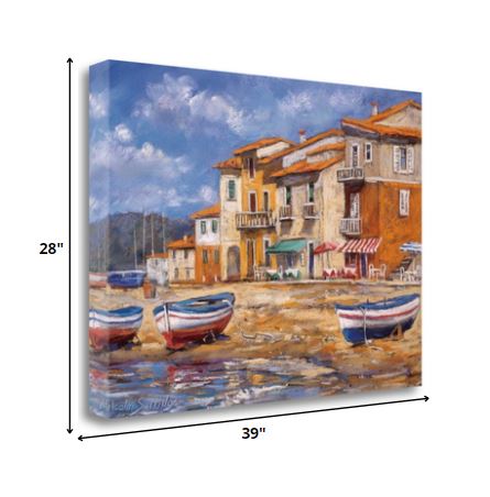 HomeRoots 39" Boats Docked Near Cafes Bright Sunny Day Giclee Wrap Canvas Wall Art