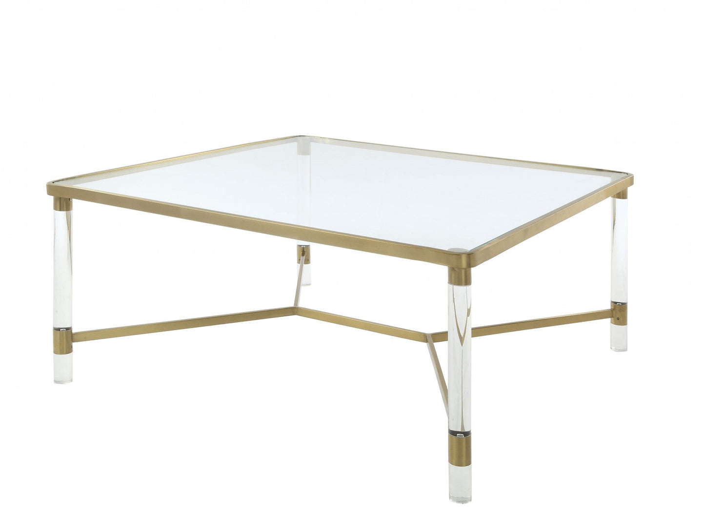 HomeRoots 39" x 39" x 17" Clear Acrylic Gold Stainless Steel And Clear Glass Coffee Table