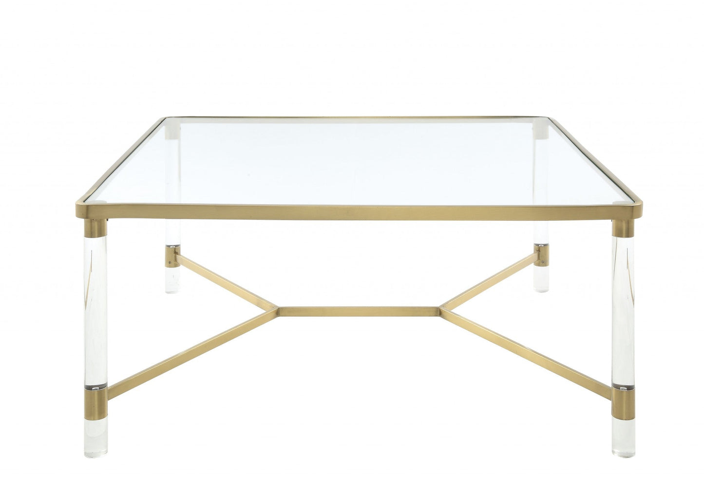 HomeRoots 39" x 39" x 17" Clear Acrylic Gold Stainless Steel And Clear Glass Coffee Table