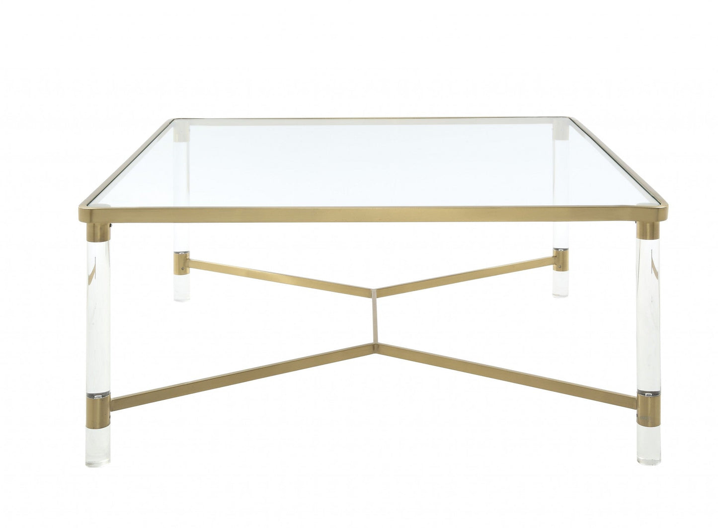 HomeRoots 39" x 39" x 17" Clear Acrylic Gold Stainless Steel And Clear Glass Coffee Table