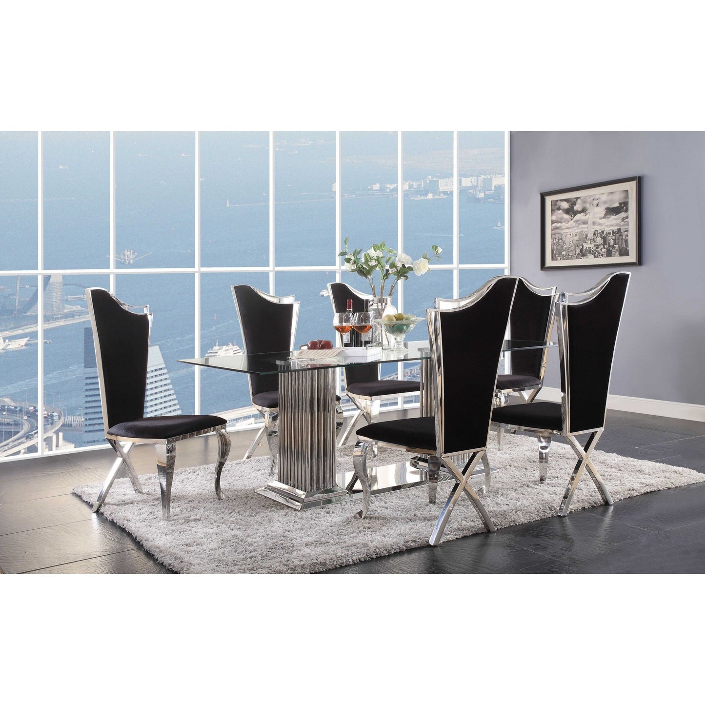 HomeRoots 39" x 79" x 30" Double Pedestal Dining Table With Clear Glass Top And Stainless Steel Finish