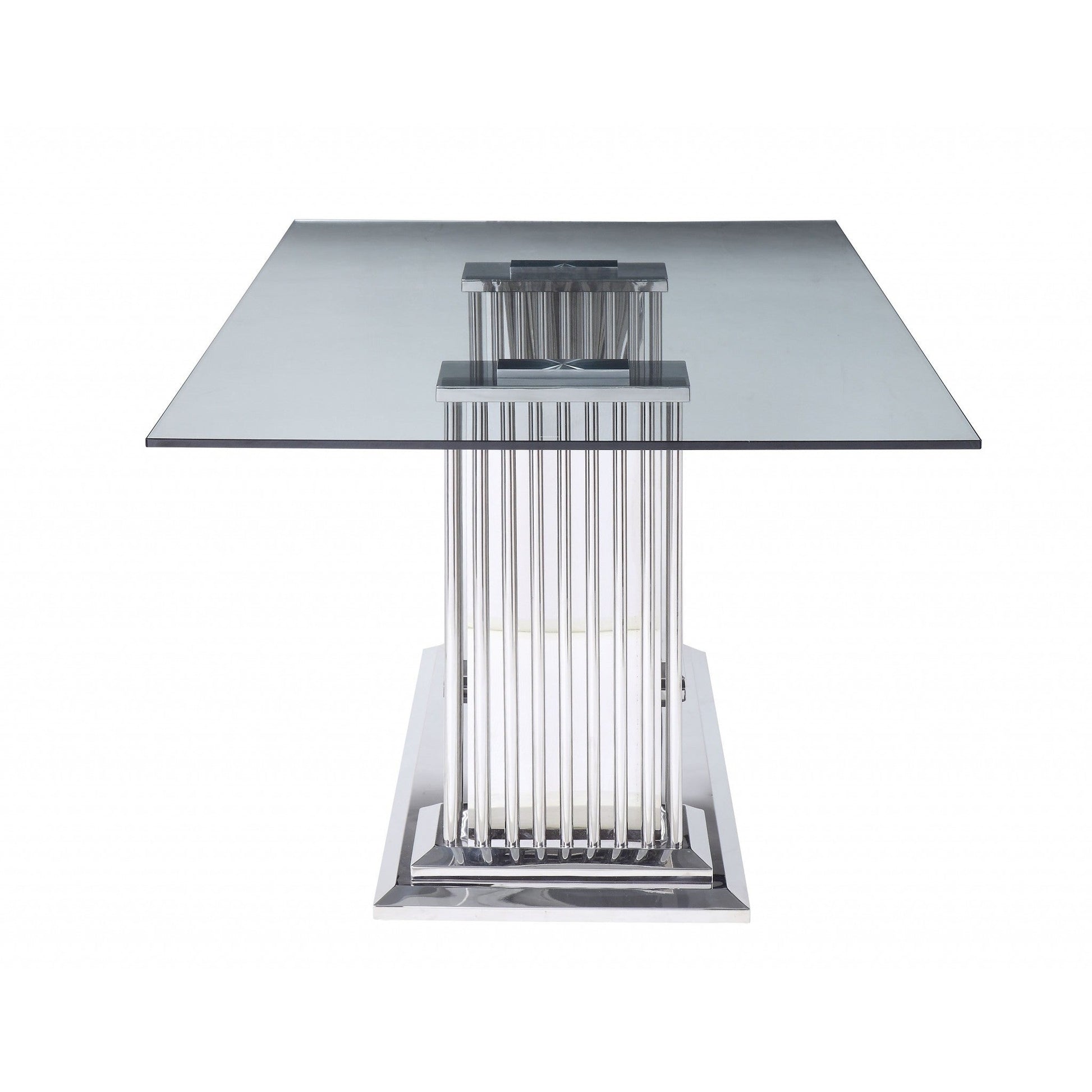 HomeRoots 39" x 79" x 30" Double Pedestal Dining Table With Clear Glass Top And Stainless Steel Finish