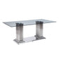 HomeRoots 39" x 79" x 30" Double Pedestal Dining Table With Clear Glass Top And Stainless Steel Finish