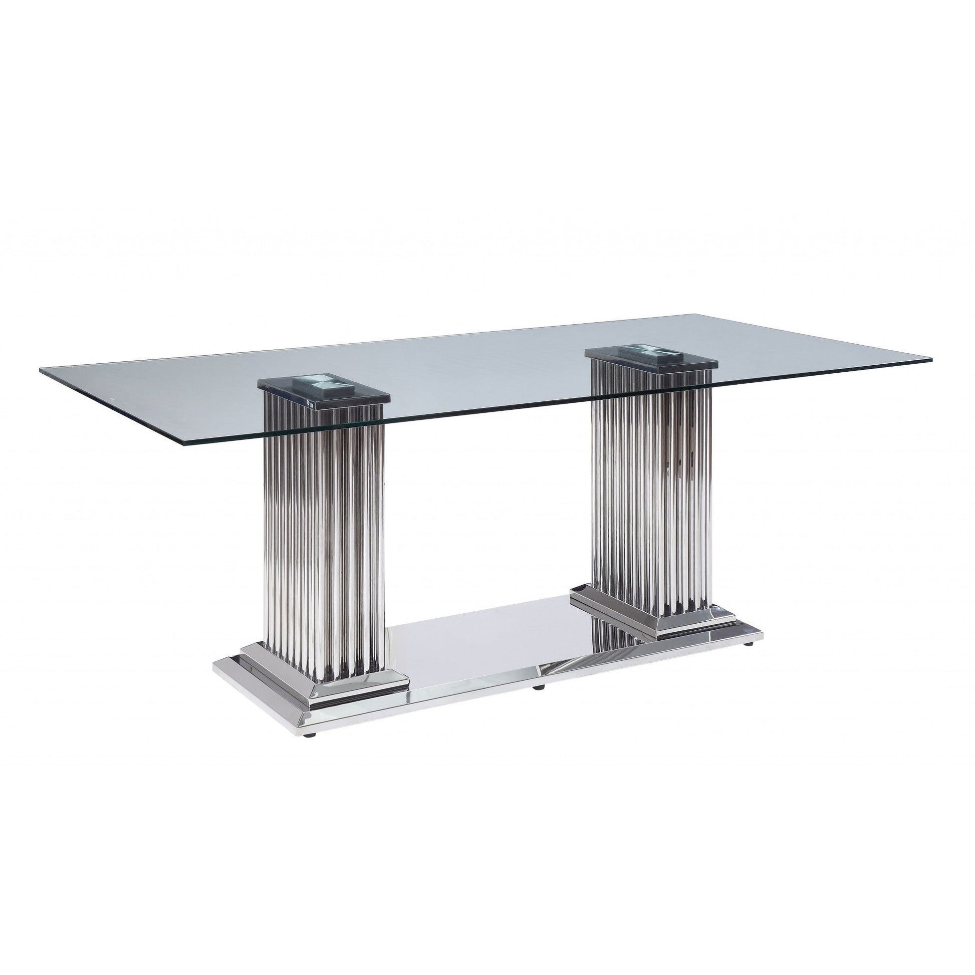 HomeRoots 39" x 79" x 30" Double Pedestal Dining Table With Clear Glass Top And Stainless Steel Finish