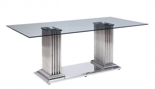 HomeRoots 39" x 79" x 30" Double Pedestal Dining Table With Clear Glass Top And Stainless Steel Finish