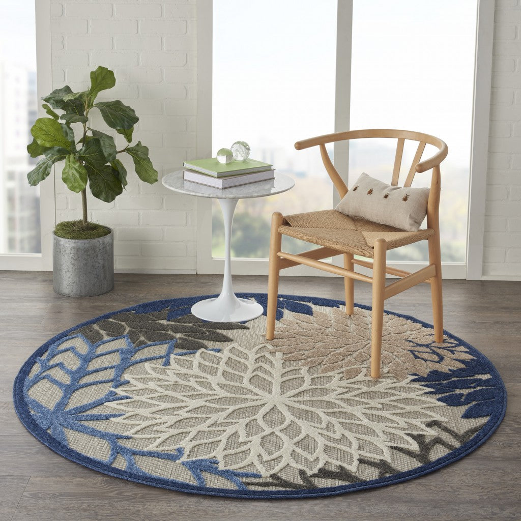 HomeRoots 4’ Round Blue Large Floral Indoor Outdoor Area Rug