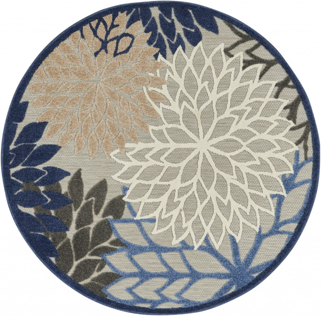 HomeRoots 4’ Round Blue Large Floral Indoor Outdoor Area Rug