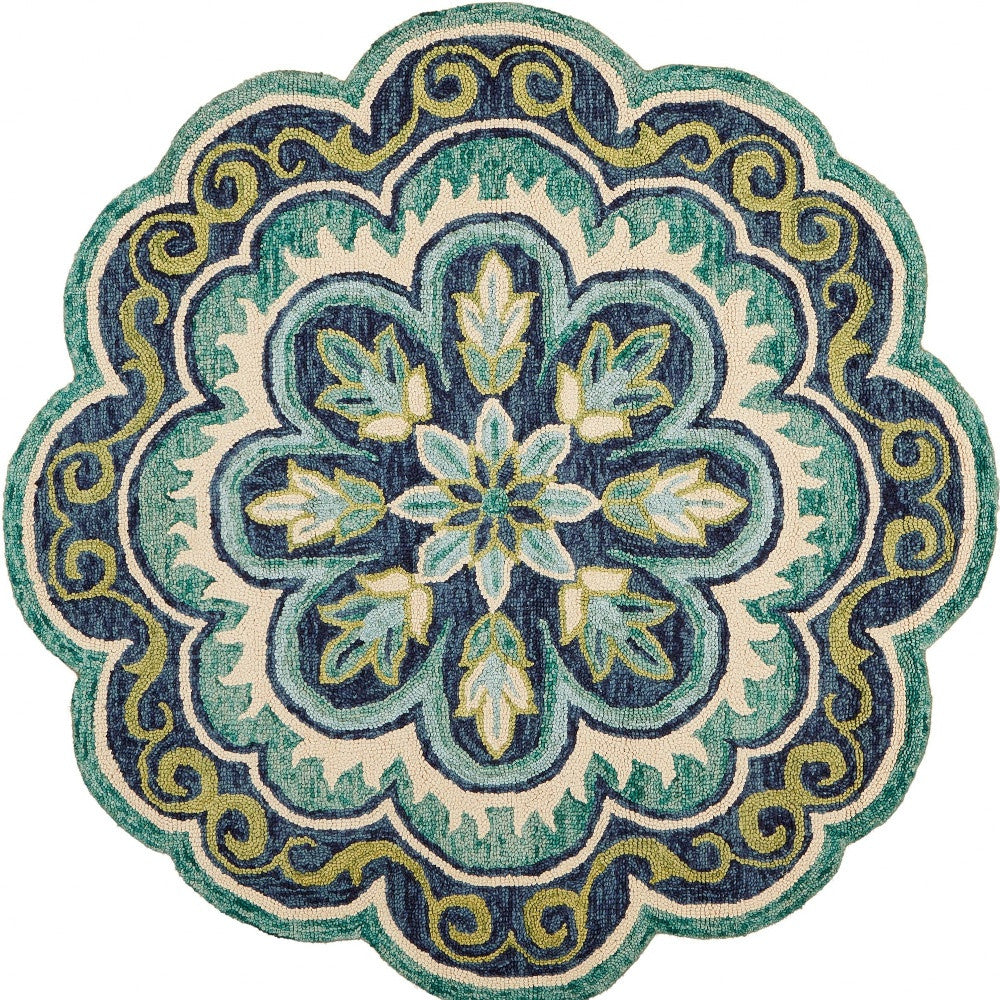 HomeRoots 4’ Round Floral Artwork Area Rug in Green Finish