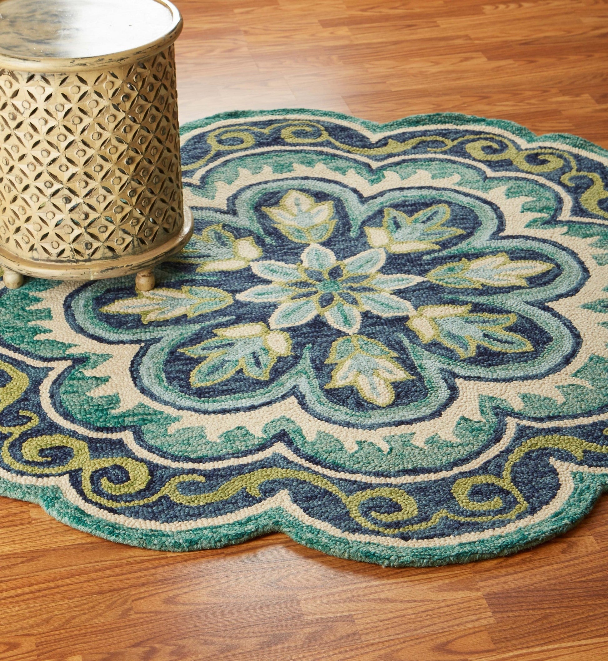 HomeRoots 4’ Round Floral Artwork Area Rug in Green Finish