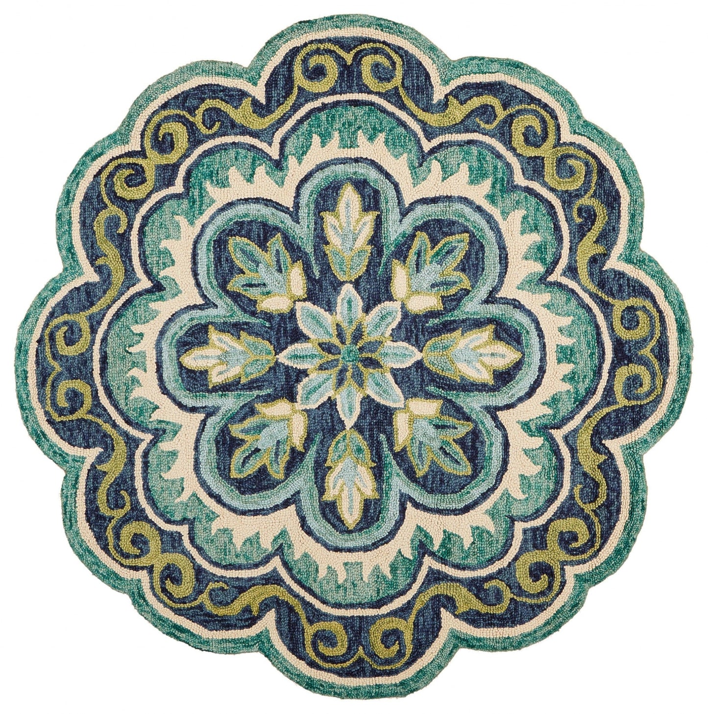 HomeRoots 4’ Round Floral Artwork Area Rug in Green Finish