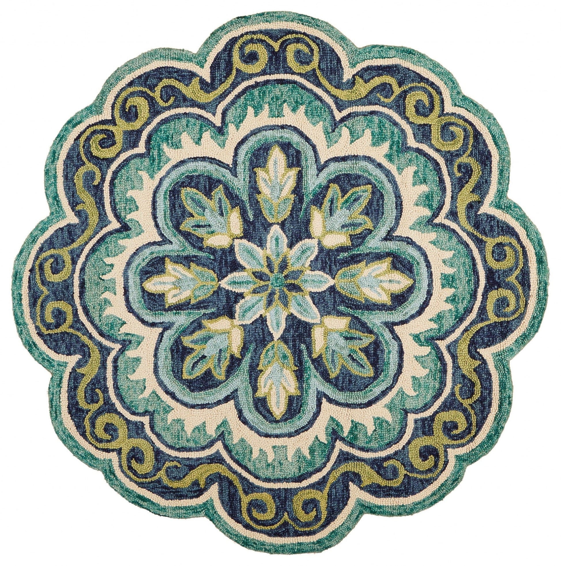 HomeRoots 4’ Round Floral Artwork Area Rug in Green Finish
