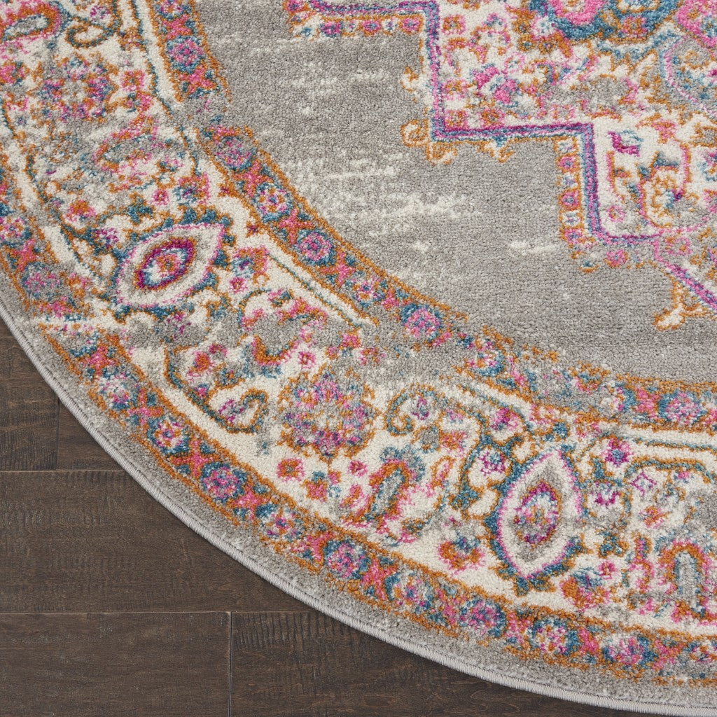 HomeRoots 4’ Round Gray and Gold Medallion Area Rug