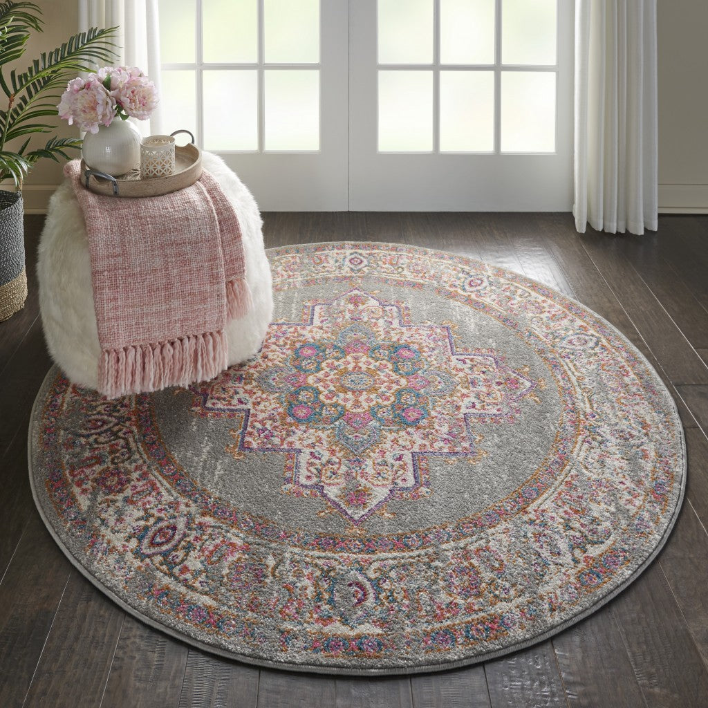 HomeRoots 4’ Round Gray and Gold Medallion Area Rug