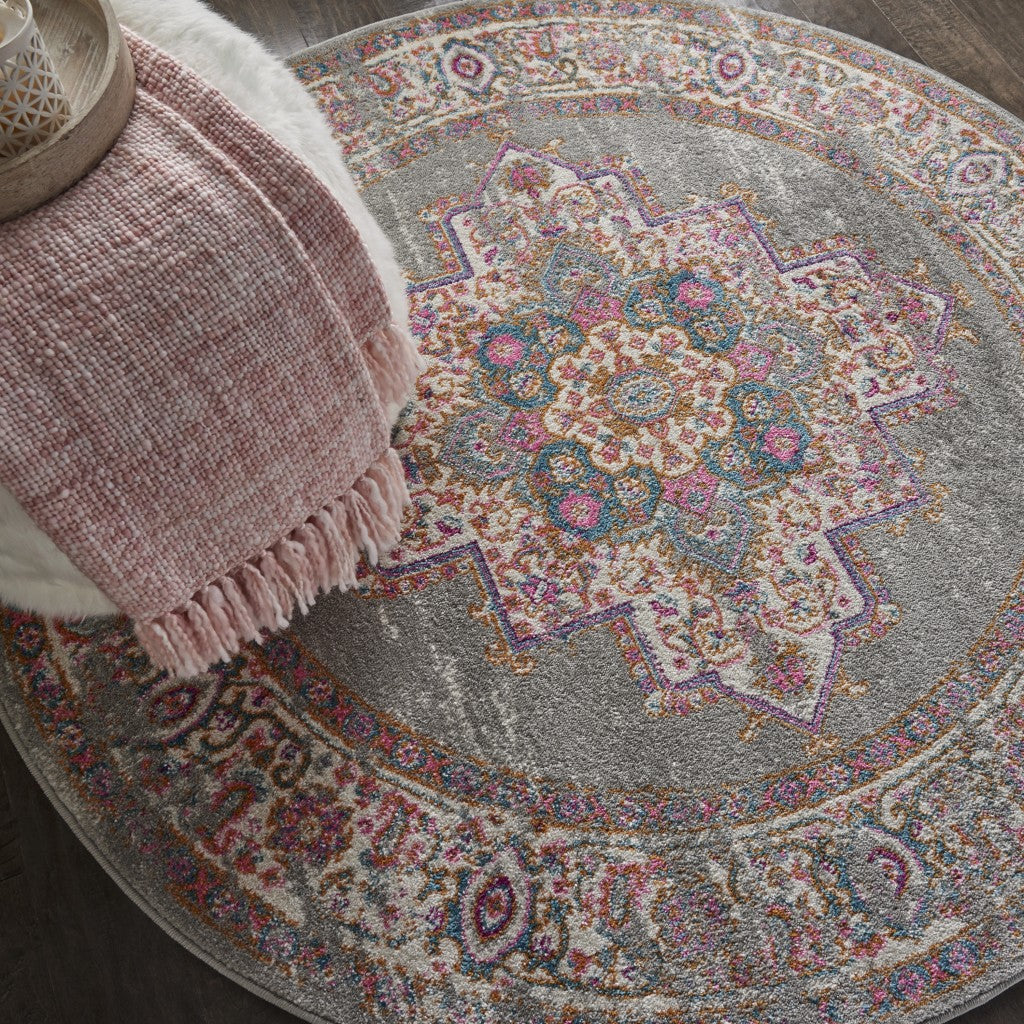 HomeRoots 4’ Round Gray and Gold Medallion Area Rug