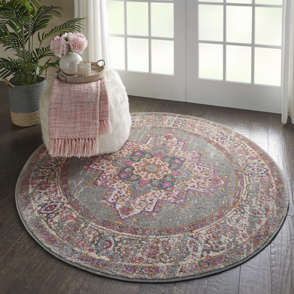 HomeRoots 4’ Round Gray and Gold Medallion Area Rug
