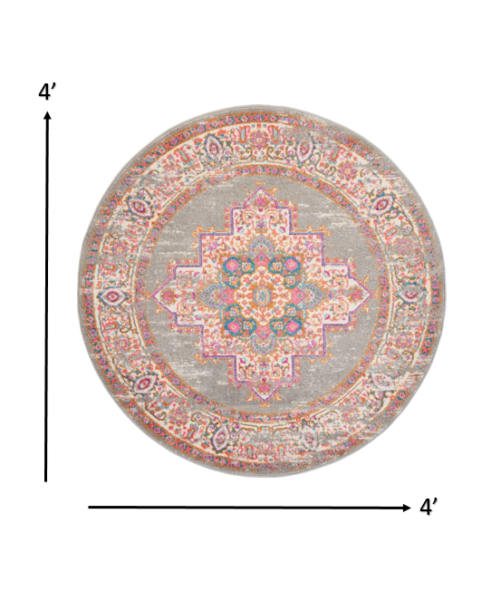 HomeRoots 4’ Round Gray and Gold Medallion Area Rug