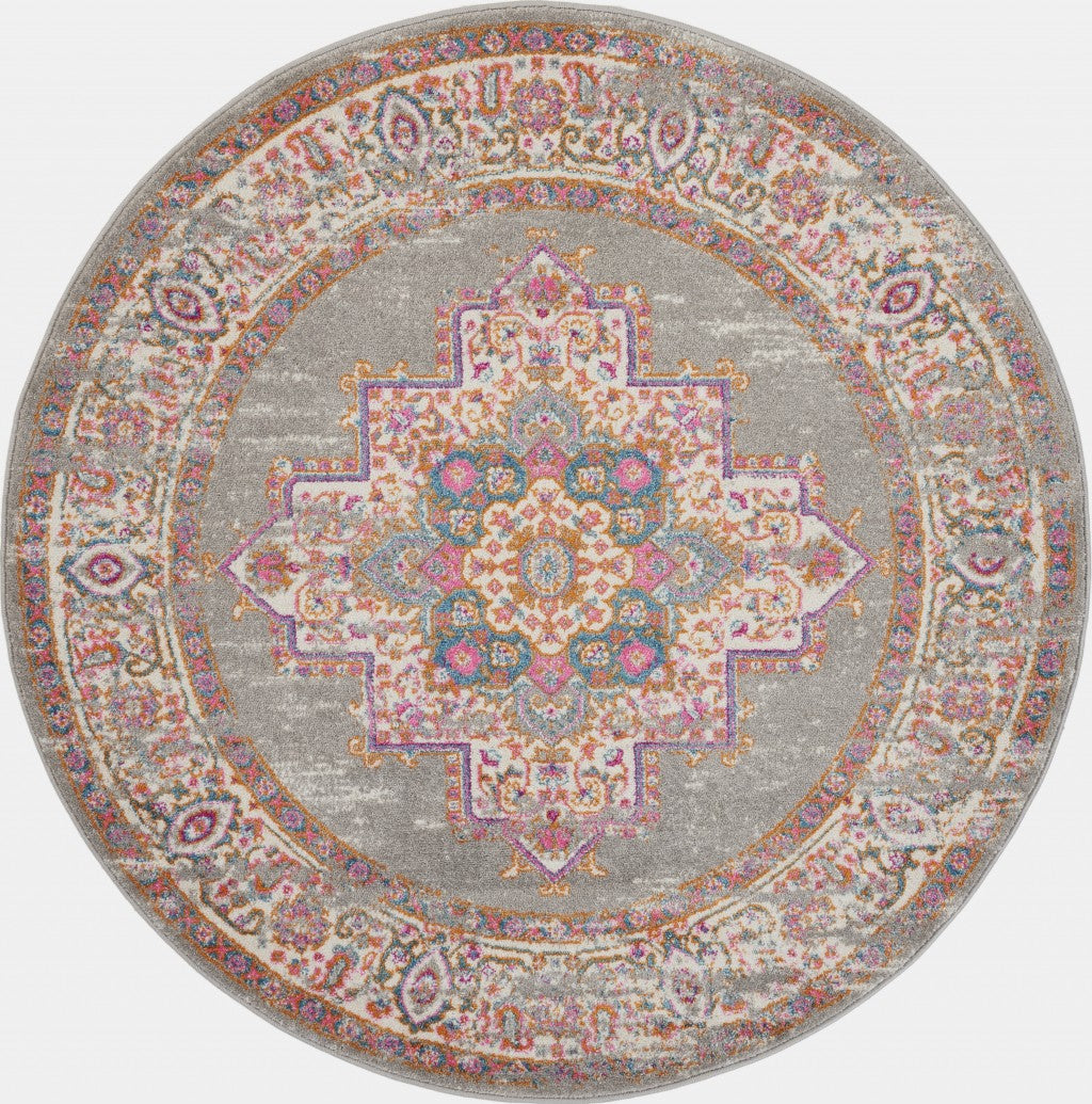 HomeRoots 4’ Round Gray and Gold Medallion Area Rug