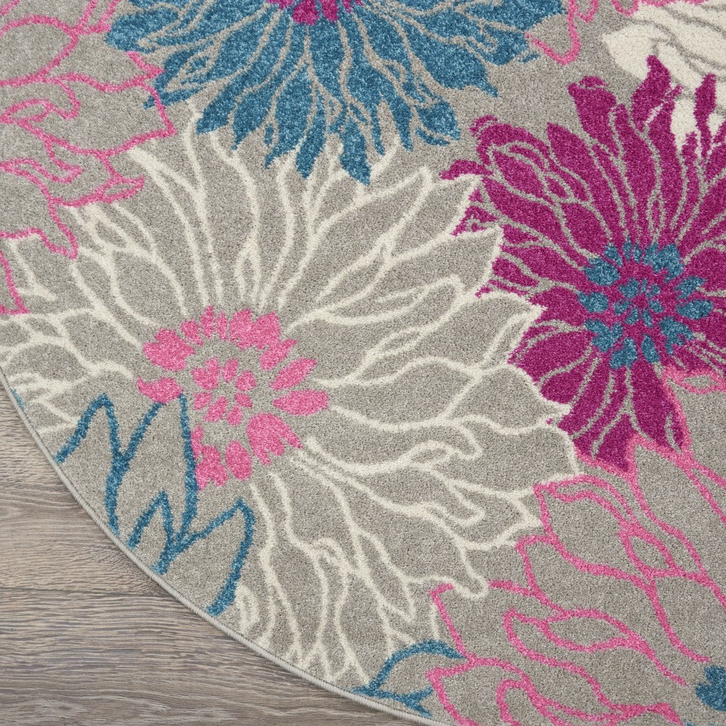 HomeRoots 4’ Round Gray and Pink Tropical Flower Area Rug