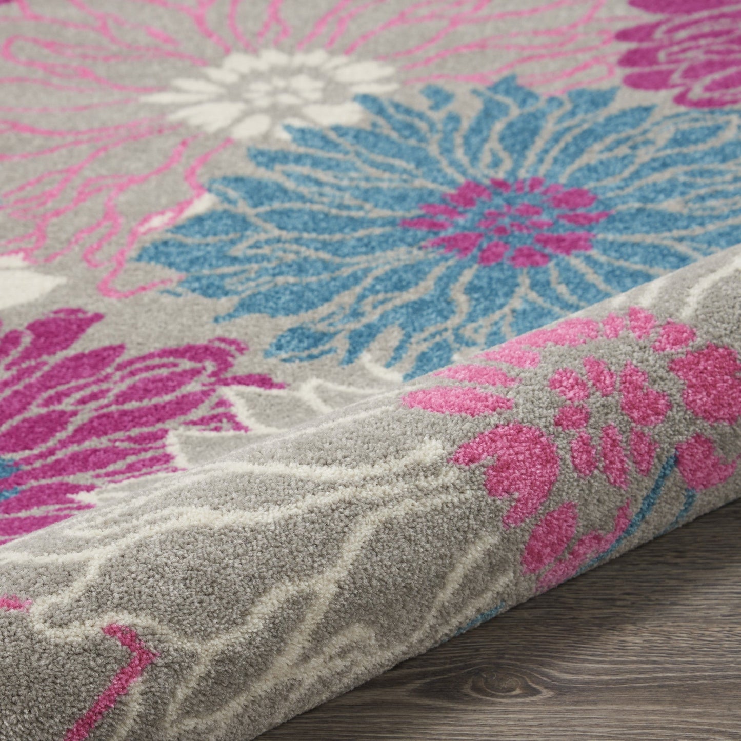 HomeRoots 4’ Round Gray and Pink Tropical Flower Area Rug